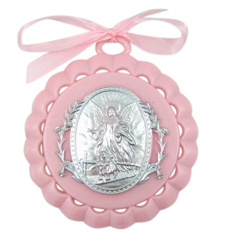 WJH Moulded Acrylic Pink Crib Medal with Guardian Angel for Baby Girl Nursery Decor, 3 1/2 Inch - Image 1
